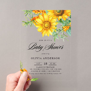 Gelbe Sonnenblume und Sanddorn-Baby-Party-Einladun Acryleinladungen