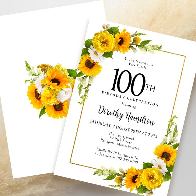 Gelbe Sonnenblume Weiße Daisy Blüte 100. Geburtsta Einladung (Elegant Invitation to get the Party of to a Great Start!)