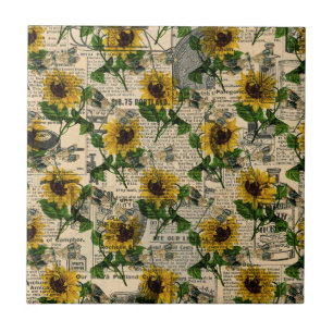 Gelbe Sonnenblume Zeitung Libelle im Vintage Stil Fliese