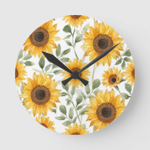 Gelbe Sonnenblumen Aquarell-Blumenmalerei Runde Wanduhr