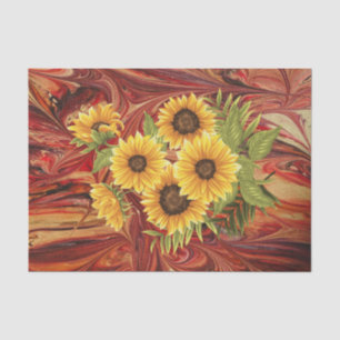 Gelbe Sonnenblumen auf der Rot-Marmor-Decoupage-Ge Seidenpapier