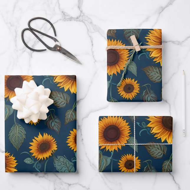 Gelbe Sonnenblumen auf einem blauen Hintergrund Geschenkpapier Set (Vorderseite)