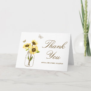 Gelbe Sonnenblumen auf Mason-Glas-Hochzeit-Dankesc Dankeskarte