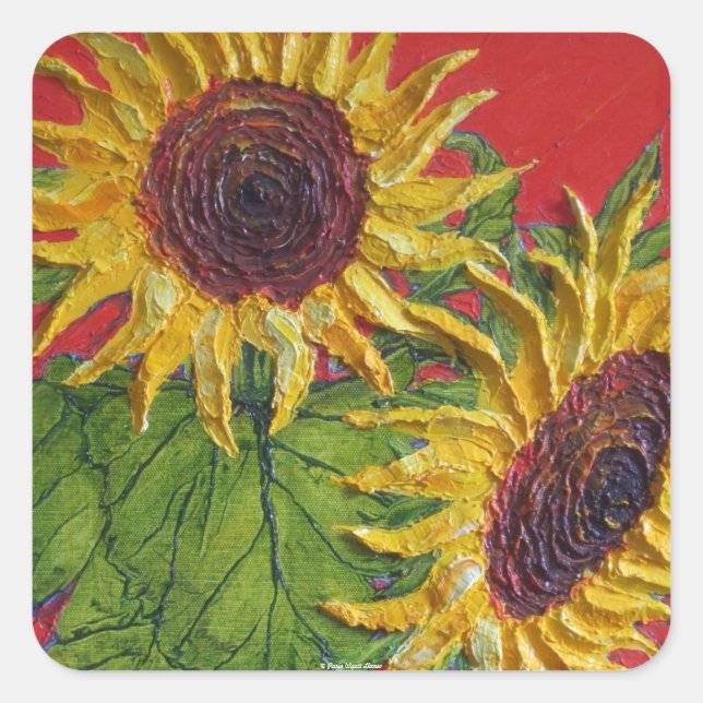 Gelbe Sonnenblumen auf rotem Aufkleber (Vorderseite)
