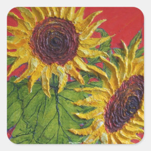 Gelbe Sonnenblumen auf rotem Aufkleber