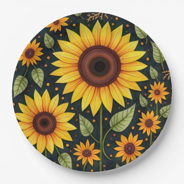 Gelbe Sonnenblumen auf schwarz Pappteller (Vorderseite)