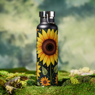 Gelbe Sonnenblumen auf schwarz Trinkflasche