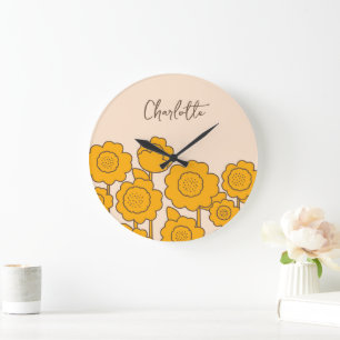 Gelbe Sonnenblumen, benutzerdefinierbarer Name Große Wanduhr
