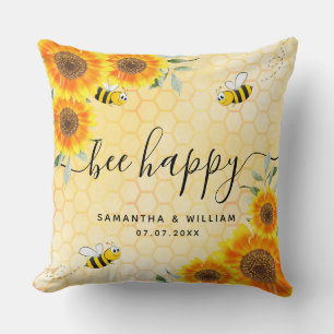 Gelbe Sonnenblumen Bienen rustikales Hochzeitspaar Kissen