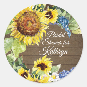 Gelbe Sonnenblumen Blüten im Brautparty Holz Runder Aufkleber