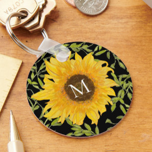 Gelbe Sonnenblumen Blütenfarben, monogramm, schwar Schlüsselanhänger