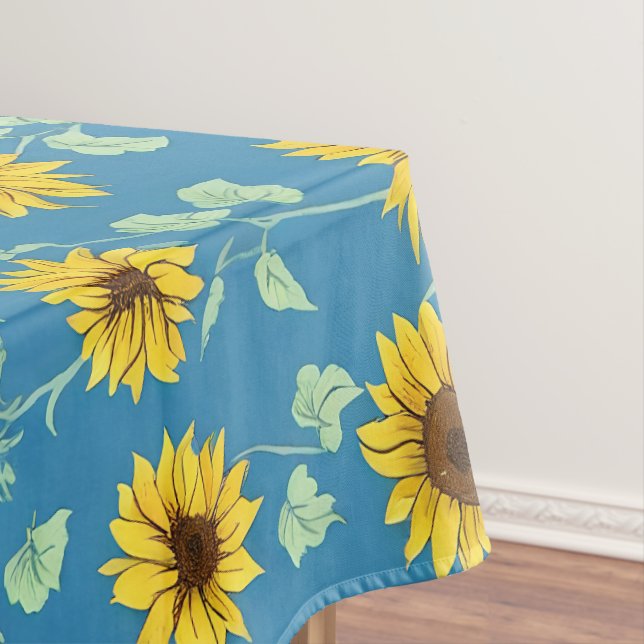 Gelbe Sonnenblumen, grüne Blätter, blauer Hintergr Tischdecke (Beispiel)