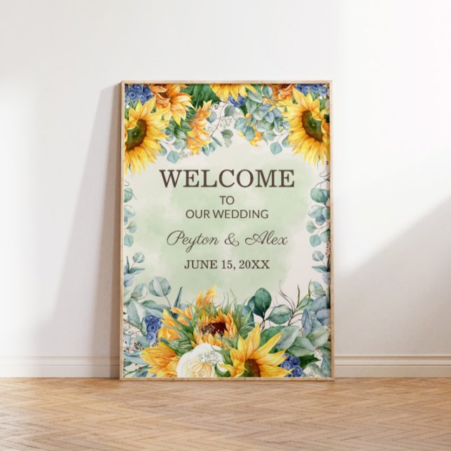 Gelbe Sonnenblumen Grüne Eukalyptus-Blätter Hochze Poster (Sunflowers and eucalyptus wedding "Welcome" poster)