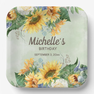 Gelbe Sonnenblumen Grüner Eukalyptus Geburtstag Pappteller
