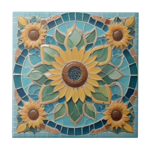 Gelbe Sonnenblumen Imitate Mosaik Aqua Blue Fliese (Vorderseite)