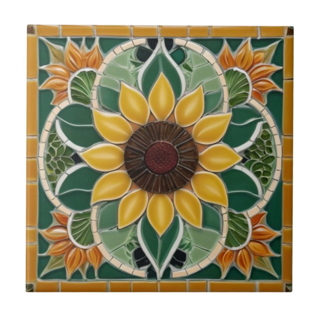 Gelbe Sonnenblumen Imitate Mosaik Dunkelgrün Fliese (Vorderseite)