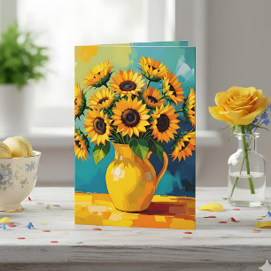 Gelbe Sonnenblumen in einer Vase im Stile von Impa Feiertagskarte