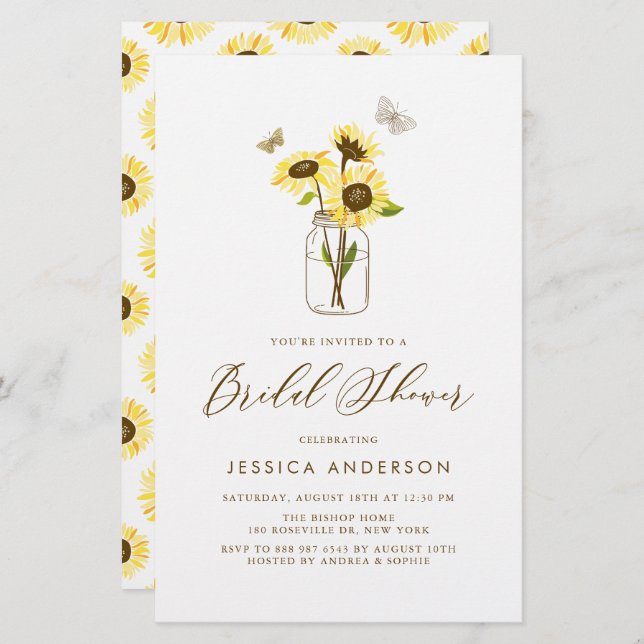 Gelbe Sonnenblumen in Jar Bridal Dusche Einladung (Vorne/Hinten)