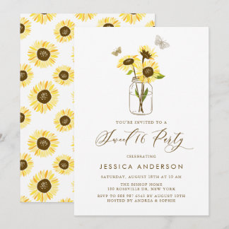 Gelbe Sonnenblumen in Mason Jar Sweet 16 Party Einladung