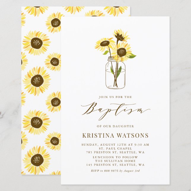 Gelbe Sonnenblumen in Mason Jar Taufe Einladung (Vorne/Hinten)
