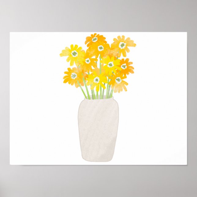 Gelbe Sonnenblumen in weißer Vase Wasserfarben-Pos Poster (Vorne)