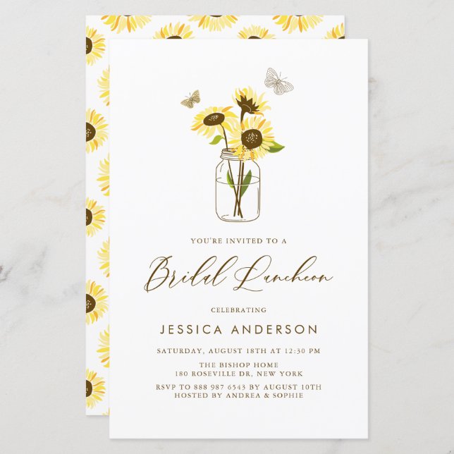 Gelbe Sonnenblumen Jar Bridal Luncheon Einladung (Vorne/Hinten)