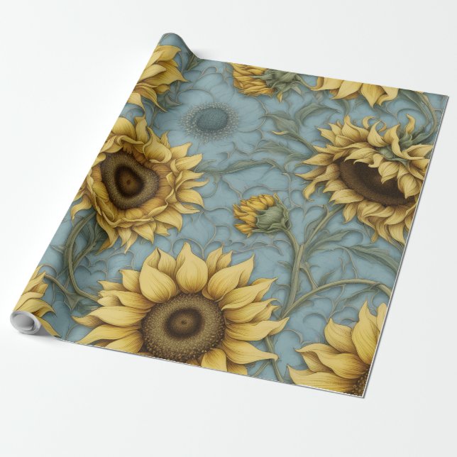 Gelbe Sonnenblumen mit blassblauem Hintergrund Geschenkpapier (Ungerollt)
