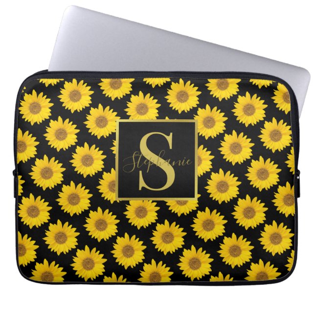 Gelbe Sonnenblumen Mit Monogramm Elektronik-Tasche Laptopschutzhülle (Vorderseite)