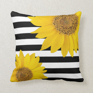 Gelbe Sonnenblumen mit schwarzen und weißen Streif Kissen
