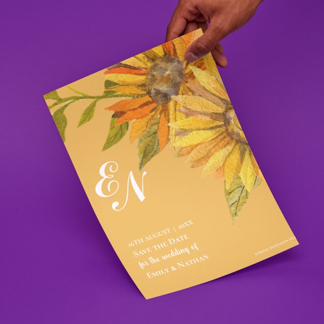 Gelbe Sonnenblumen Monografie Hochzeit Sichern Sie (Yellow Sunflower Monogram Wedding Save the Date Invitation)