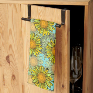 Gelbe Sonnenblumen Muster mit Foliage und Buds Geschirrtuch