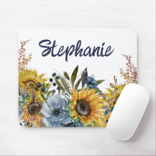 Gelbe Sonnenblumen Navy Blauer Name Mousepad