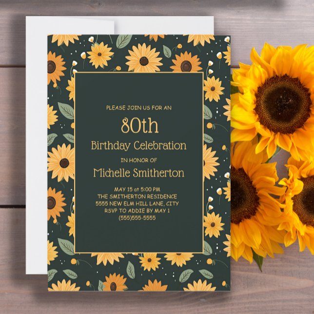 Gelbe Sonnenblumen Schwarz 80. Geburtstag Einladung (Cute sunflowers on black 80th birthday party invitation for women.)