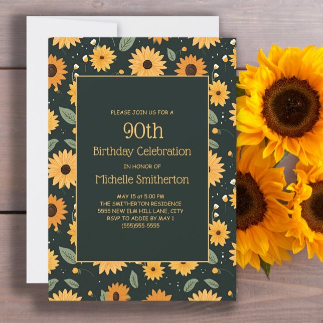 Gelbe Sonnenblumen Schwarz 90. Geburtstag Einladung (Cute sunflowers on black 90th birthday party invitation for women. Customizable with your text.)