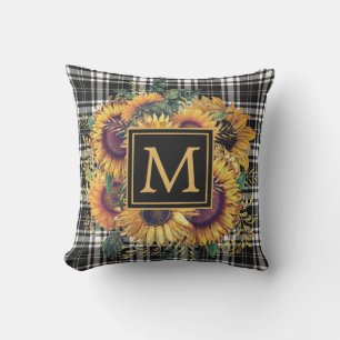 Gelbe Sonnenblumen Schwarz-Weiß-Karo-Monogramm  Kissen