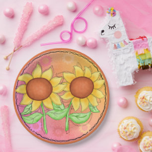 Gelbe Sonnenblumen Texturierte Rosa Grüne Blüte Pappteller