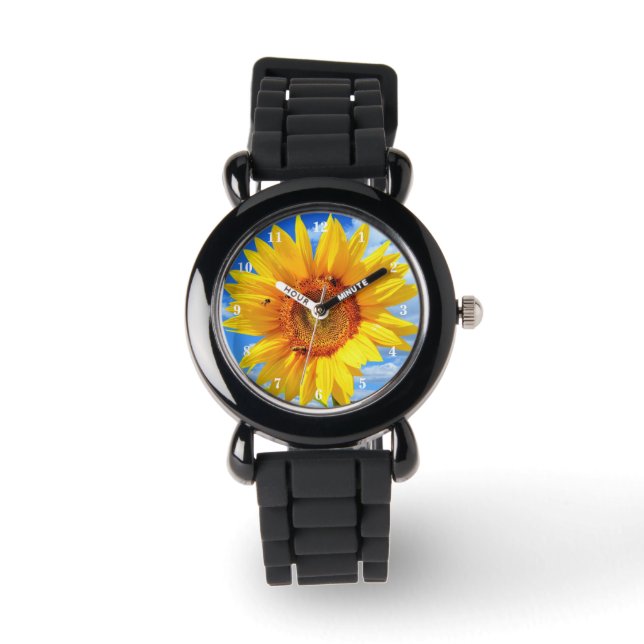 Gelbe Sonnenblumen und Bienen auf blauem Himmel -  Armbanduhr (Vorderseite)