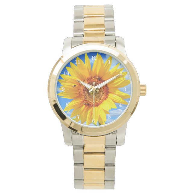 Gelbe Sonnenblumen und Bienen auf blauem Himmel -  Armbanduhr (Vorderseite)