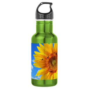 Gelbe Sonnenblumen und Bienen auf blauem Himmel -  Edelstahlflasche