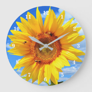 Gelbe Sonnenblumen und Bienen auf blauem Himmel - Große Wanduhr