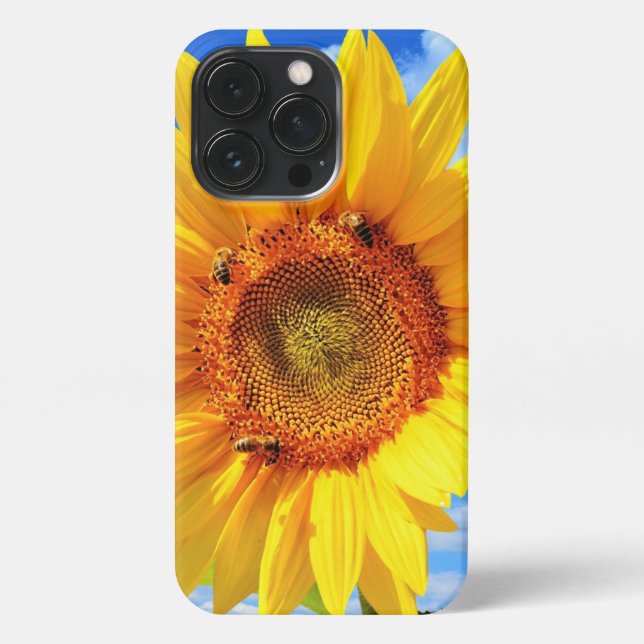 Gelbe Sonnenblumen und Bienen auf Blue Sky iPhone  Hülle (Rückseite)