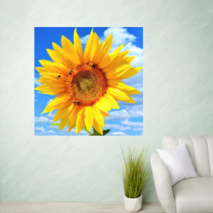 Gelbe Sonnenblumen und Bienen auf Blue Sky Wall De Wandaufkleber