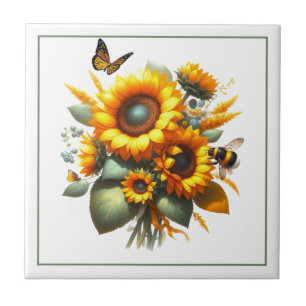 Gelbe Sonnenblumen und Bienen Fliesen Keramik