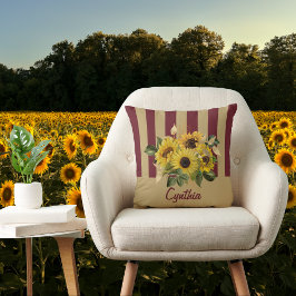 Gelbe Sonnenblumen und Burgund und Gold gestreift Kissen