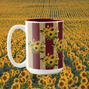 Gelbe Sonnenblumen und Burgund- und Goldstreifen Zweifarbige Tasse