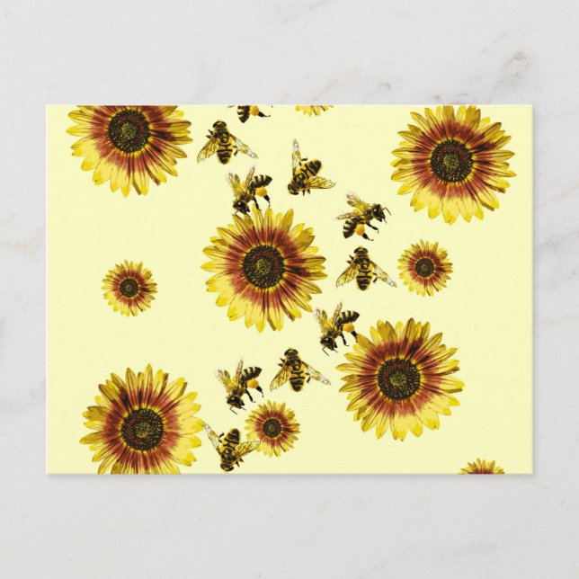 Gelbe Sonnenblumen und Honigbienen Sommermuster Postkarte (Vorderseite)
