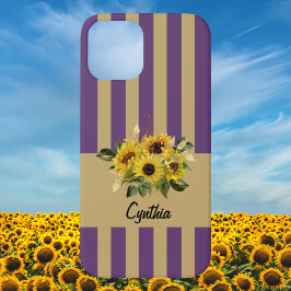Gelbe Sonnenblumen und Lila und goldene Streifen Case-Mate iPhone Hülle