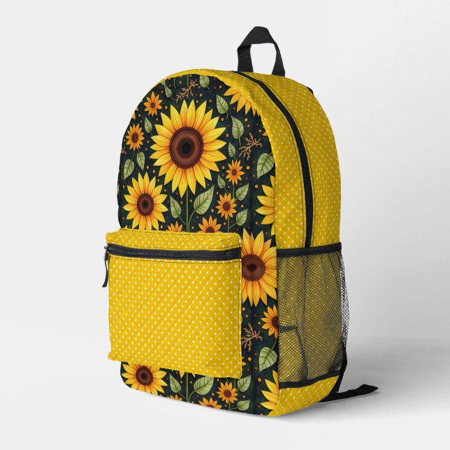 Gelbe Sonnenblumen und Polka-Punkte Bedruckter Rucksack (Rückseitige Ecke Rechts)