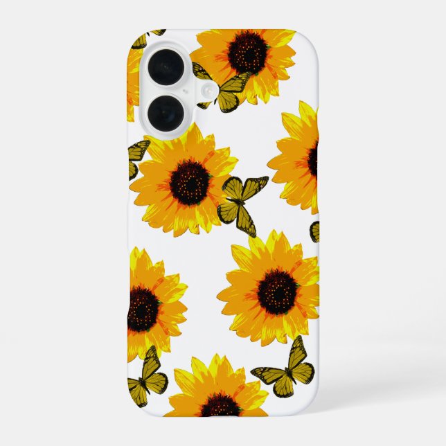 Gelbe Sonnenblumen und Schmetterlinge,  iPhone 16 Hülle (Rückseite)