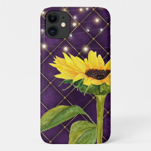 Gelbe Sonnenblumen und Streichleuchten auf Lila Case-Mate iPhone Hülle (Rückseite)